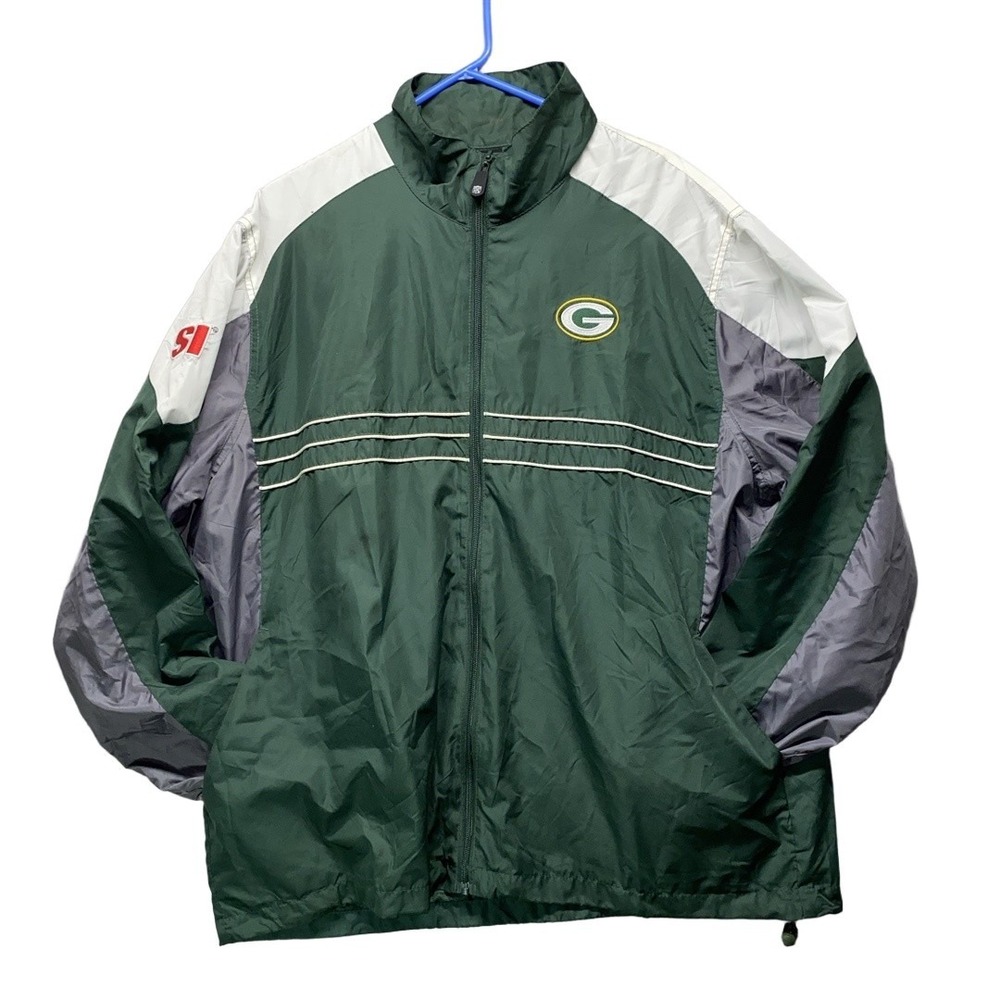 Green Bay Packers SI Windbreaker Mens XL Green White‎ Grey Vintage Full Zip NFL